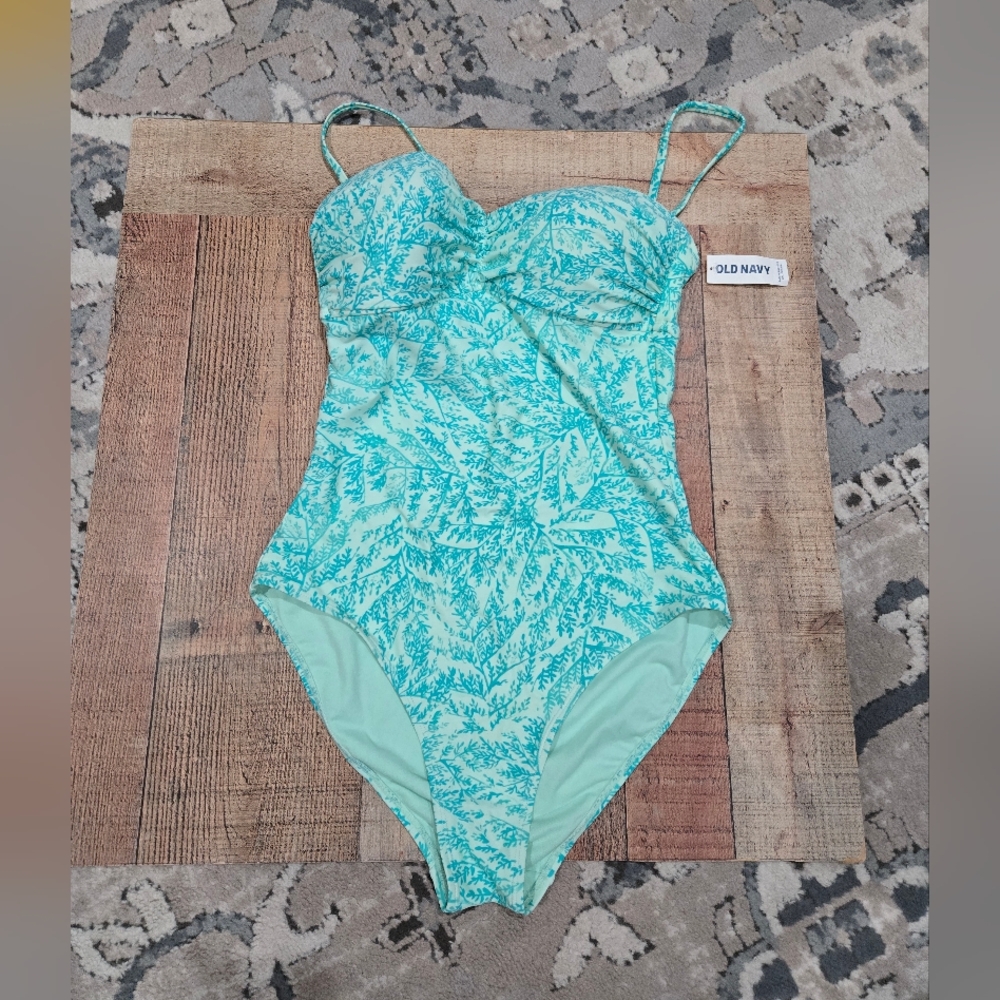 Old Navy Aqua Leaf Print One Piece Swimsuit